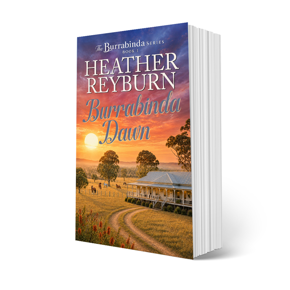 A 3D book mockup of 'Burrabinda Dawn' by Heather Reyburn, showing the front cover with a sunset landscape and the white page edges of the book against a clean white background.
