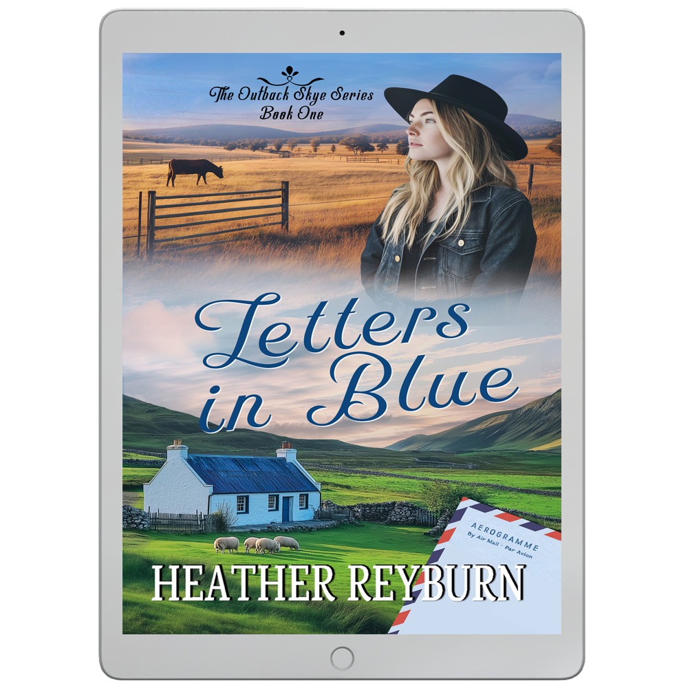 Digital book cover of 'Letters in Blue' by Heather Reyburn displayed on a tablet.