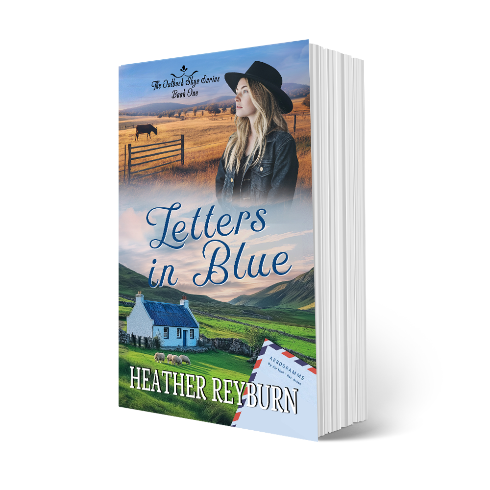 Book cover of 'Letters in Blue' by Heather Reyburn with a scenic landscape and woman in a hat.