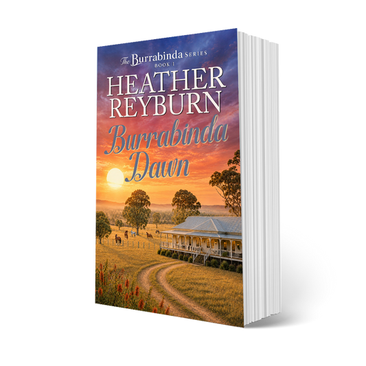 A 3D book mockup of 'Burrabinda Dawn' by Heather Reyburn, showing the front cover with a sunset landscape and the white page edges of the book against a clean white background.