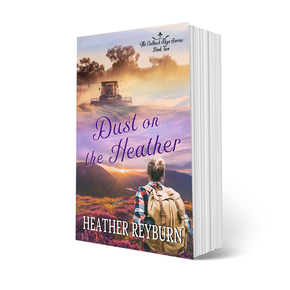 Book cover of 'Dust on the Heather' by Heather Reyburn with a scenic landscape and person with a backpack.