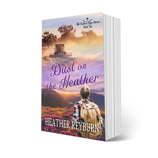 Book cover of 'Dust on the Heather' by Heather Reyburn with a scenic landscape and person with a backpack.