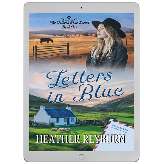 Digital book cover of 'Letters in Blue' by Heather Reyburn displayed on a tablet.