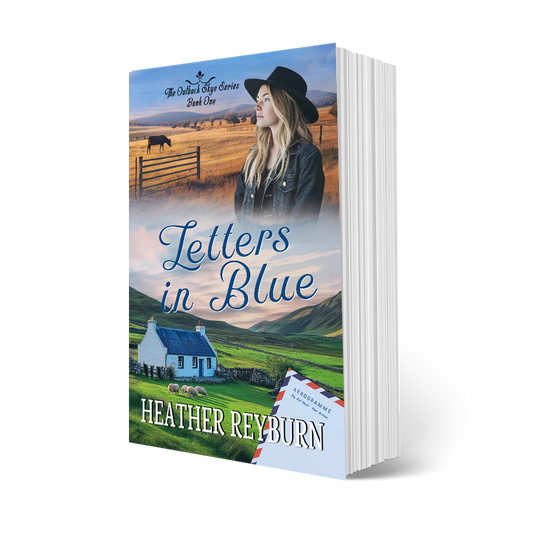 Book cover of 'Letters in Blue' by Heather Reyburn with a scenic landscape and woman in a hat.