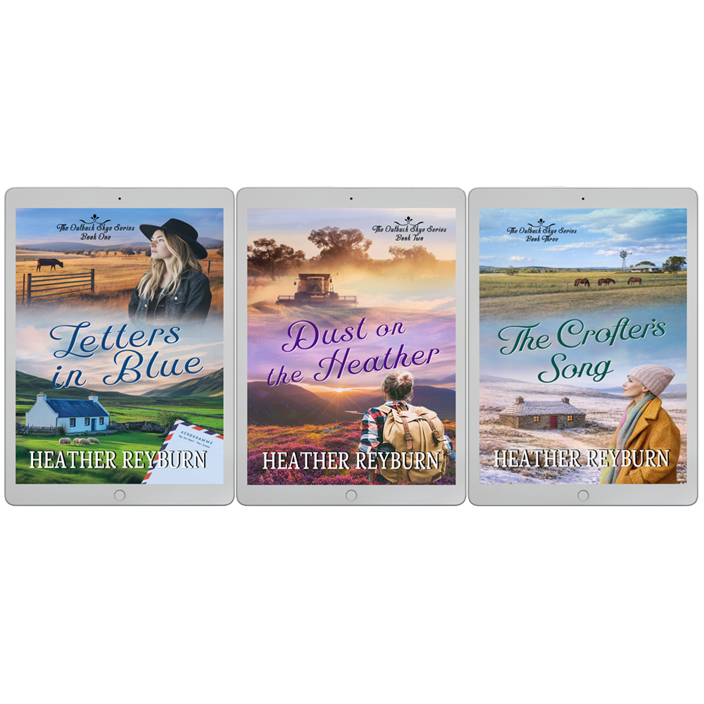 Three book covers of 'Letters in Blue', 'Dust on the Heather', and 'The Crofter's Song' by Heather Reyburn on a white background.
