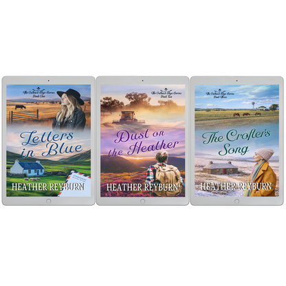 Three book covers of 'Letters in Blue', 'Dust on the Heather', and 'The Crofter's Song' by Heather Reyburn on a white background.