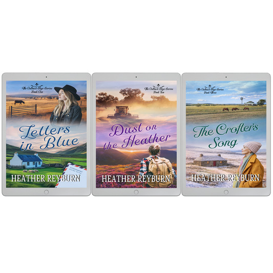 Three book covers of 'Letters in Blue', 'Dust on the Heather', and 'The Crofter's Song' by Heather Reyburn on a white background.