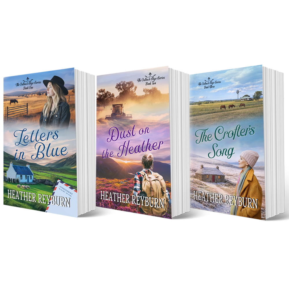 Three books in the Outback Skye series by Heather Reyburn with rural landscape covers on a white background
